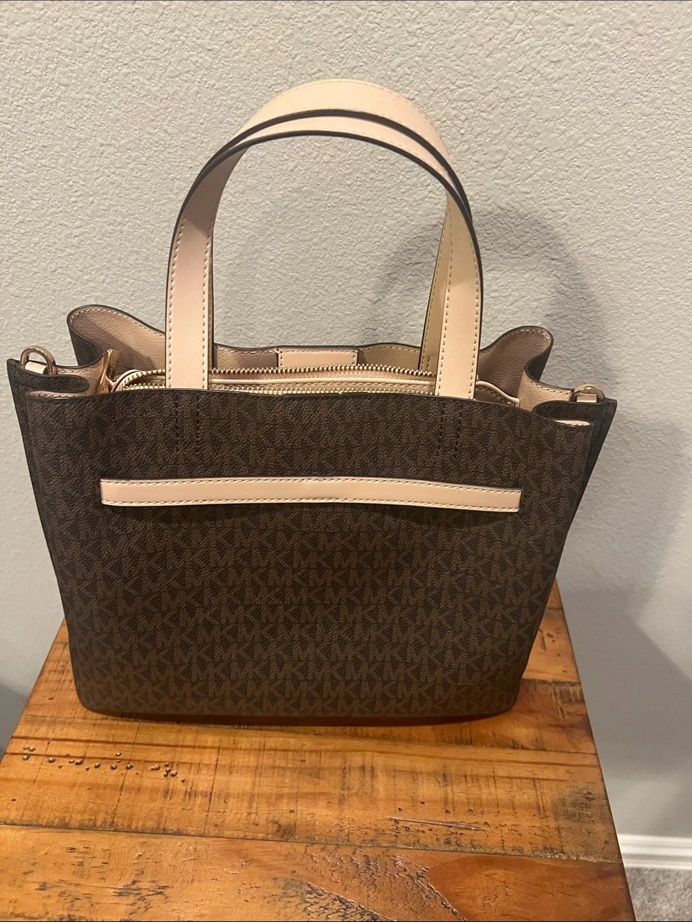 Michael Kors Emilia Small Satchel with Light Beige Trim & Gold Accents